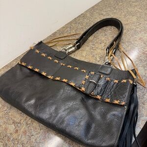 Pure Dixie Shopper Handbag in Black Leather w/Tan Leather Accents